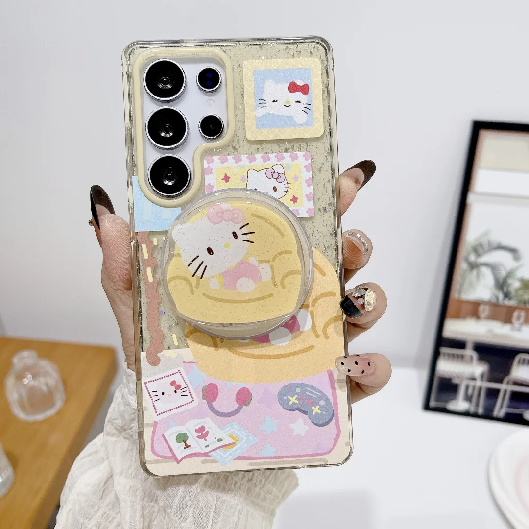 

Kuromi Hello Kitty Melody Magnetic Stand Shockproof Glitter Clear Case For Samsung Galaxy S25 S24 Ultra S23 S22 Plus Back Cover