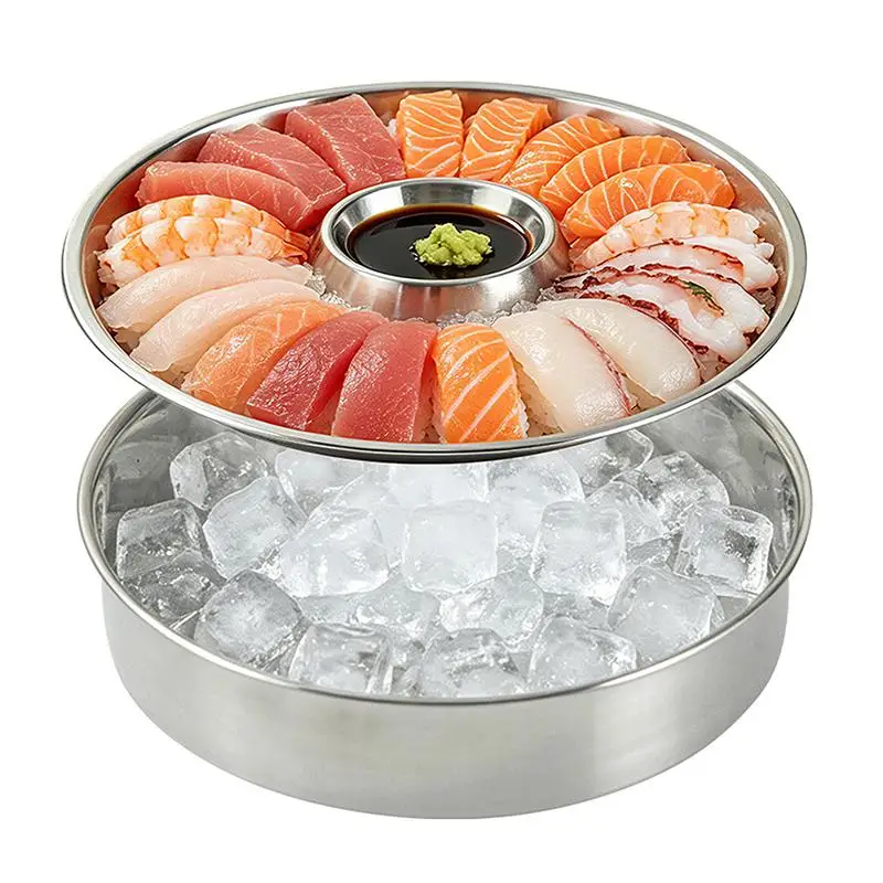 Stainless Steel Sashimi Ice Plate Round with Dipping Dish Odorless Seafood Sushi Serving Tray for Home Weekend Dinner Parties view 3