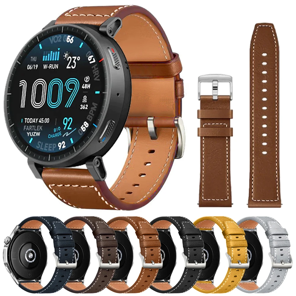 Bracelet de montre en cuir souple, 22mm, pour Huami Amazfit Active Max 48mm, GTR 47mm, GTR 4 2 2E 3 Pro/BALANCE 2/Bip 6 5 UNITY