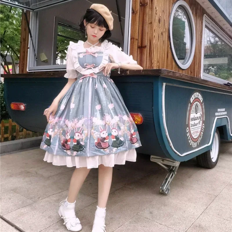 Victorian Gothic Lolita Jsk Dress Women Vintage Sweet Bunny Print Elegant Princess Party Dresses Girls Harajuku Y2k Mini Dresses