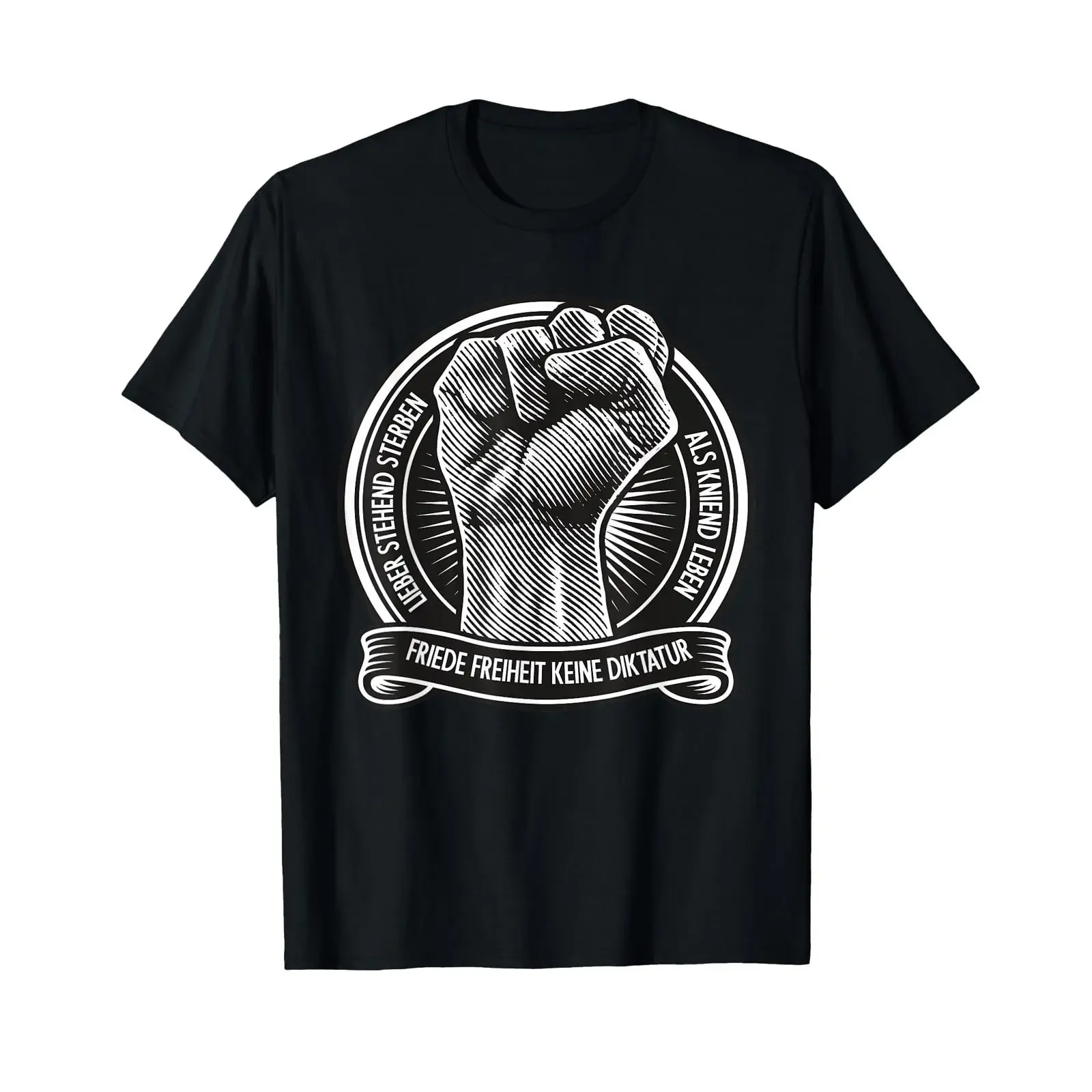 Camiseta con texto en alemán:quot Lieber Stehben als kniend lebenquot, color negro, estilo vintage, informal, ropa de diseñador, ligeramente masculina