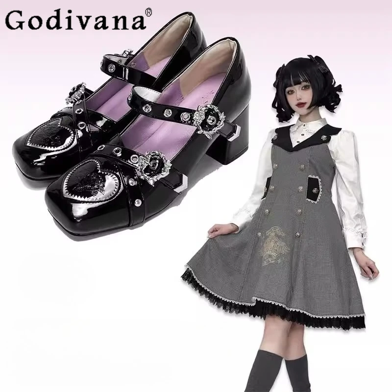 

Y2K Subculture Original Japanese Lolita High Heels Sweet Cool Spicy Girl Gothic Punk Style Rivet Mary Jane Leather Shoes