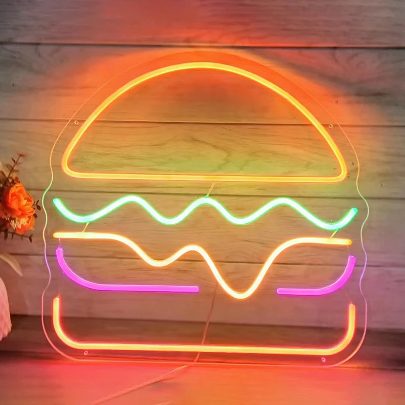 Burger Business Sign Hamburger Neon Light Fast Food Restaurant LED Aesthetic Wall Art Decor Advertising Logo Shop Opening Gifts