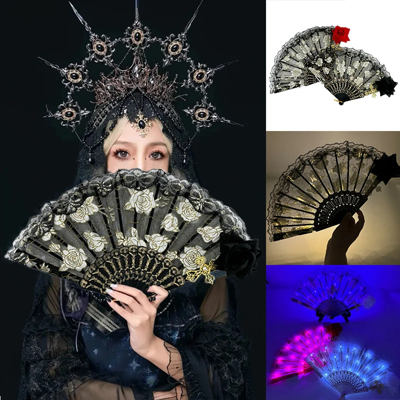 

Halloween Black Lace Fan Rose Handheld Retro chinese LED Fan Lolita Victorian gothic luminous fan for women girl cosplay props