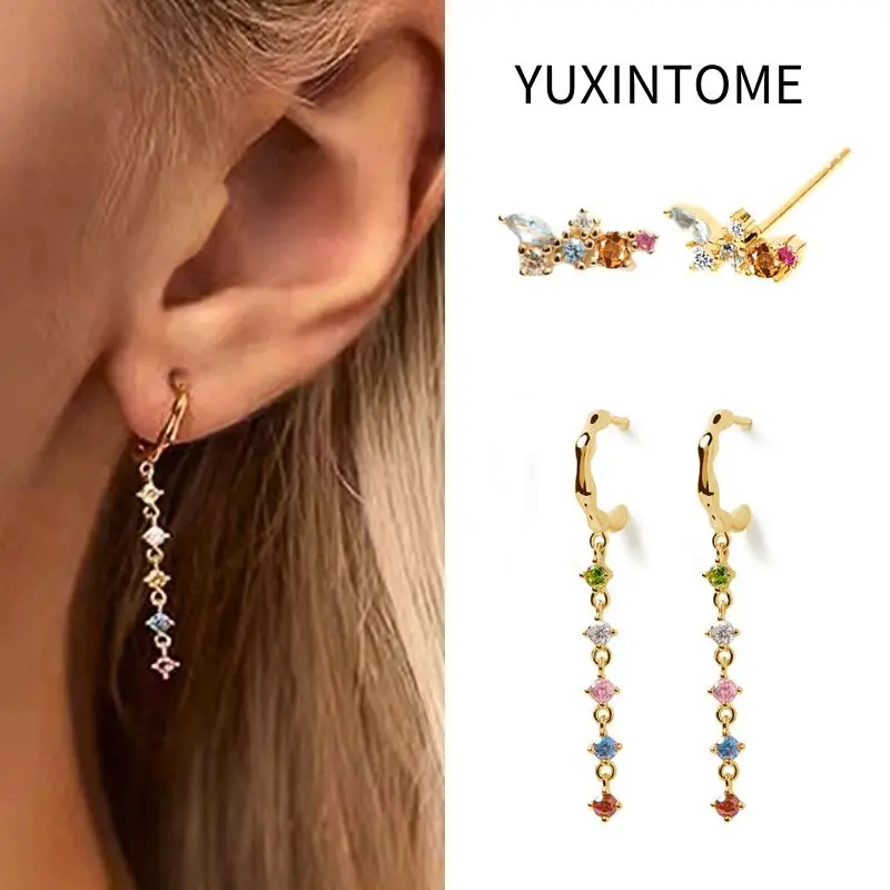 

925 Sterling Silver Needle Fashion Geometry Long Pendant Earrings Colorful Crystal C Shape Stud Earrings For Women Fine Jewelry