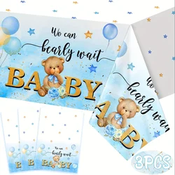 3Pcs Teddy Bear Baby Shower Tablecloth,We Can Bearly Wait Baby Shower Tablecover Decorations for Boy Girl Baby Shower Birthday