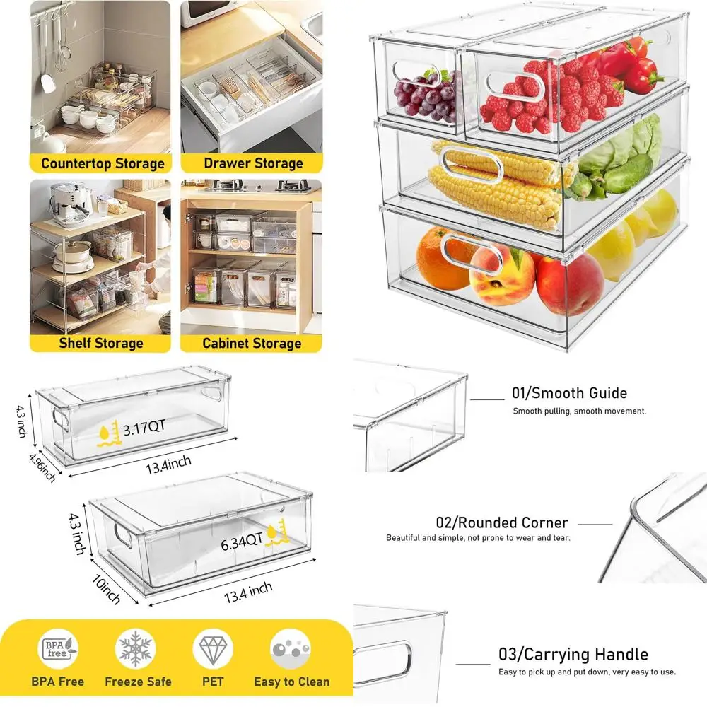 

Stackable Clear Fridge Organizers with 2 Large & 2 Small Drawers for Kitchen Pantry Storage
