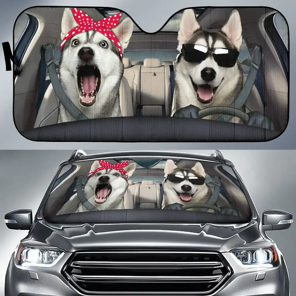 Lustige Husky Paar Auto Auto Sonnenschirme Tier Hund Fahrer Auto Windschutz scheibe Sonnenschutz Autozubehör