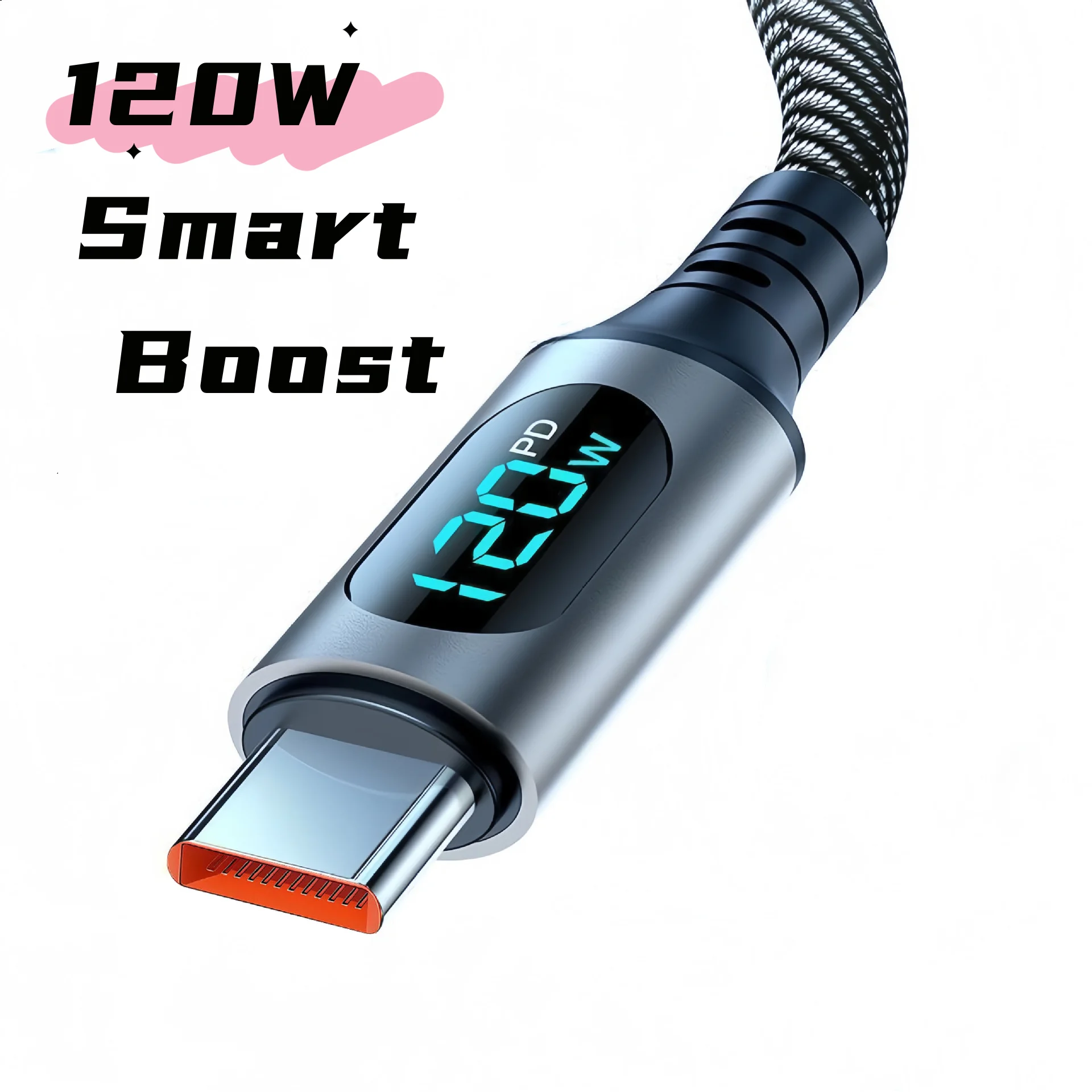 120W Super Fast Charging data cable Type-C Super Fast Charging Orange/Black automatic power-off for Huawei Xiaomi and Samsung