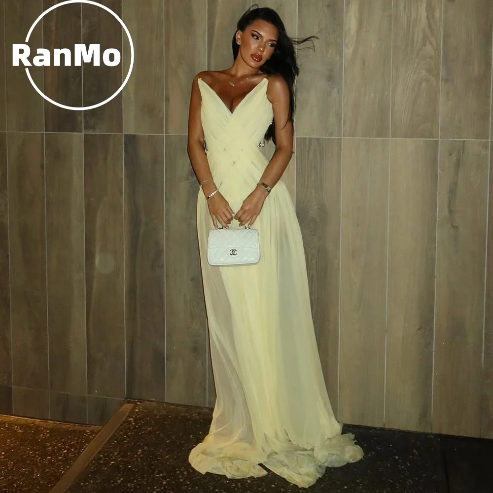 

Ranmo Luxury Chiffon Evening Dresses Light Yellow V-Neck Party Dress A-line Floor-Length Special Event Dress 2026 Customized