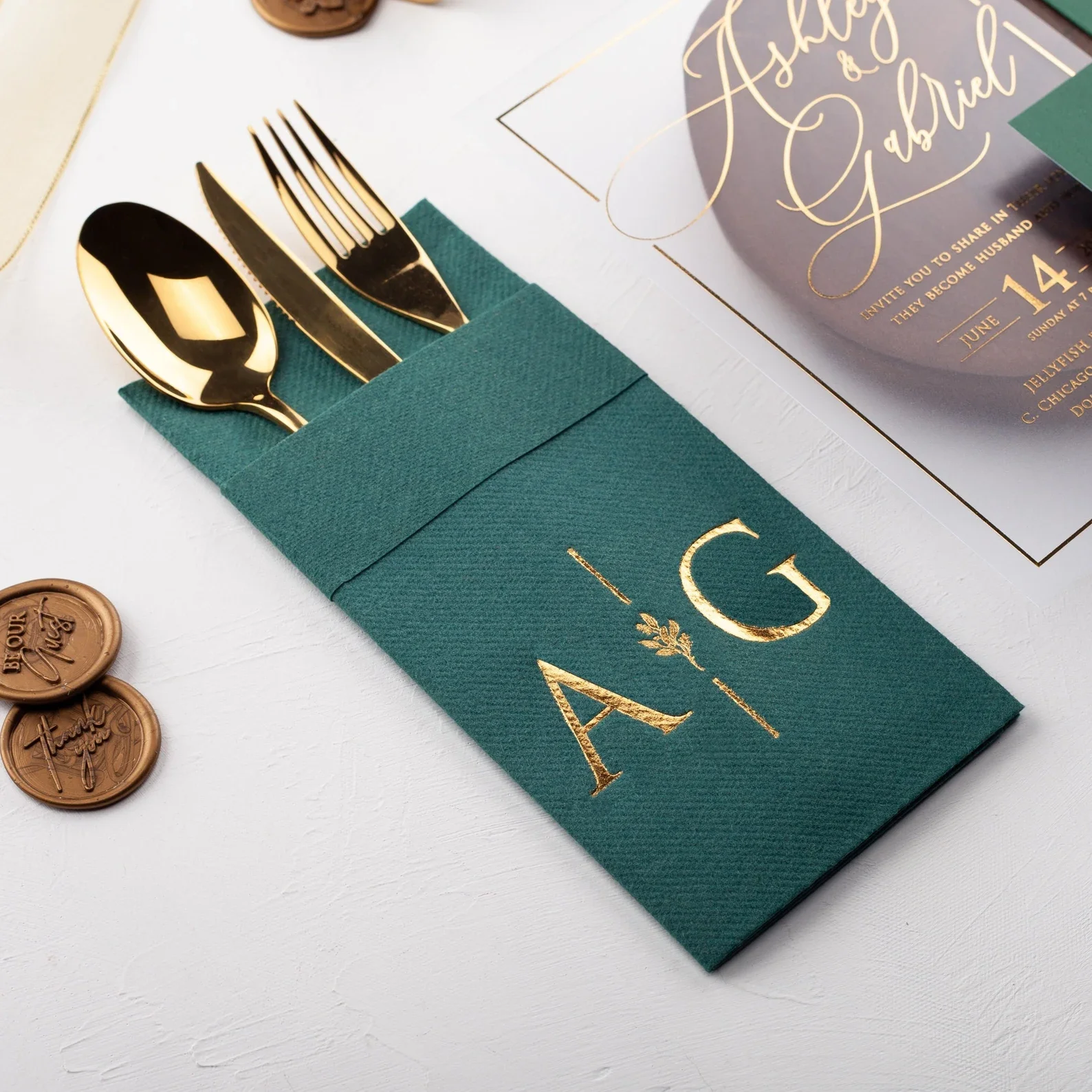 50pcs Emerald Green Napkin, Personalized Napkins, Custom Pocket Type Wedding Napkins, Party, Birthday, Monogrammed, Linen-Like,