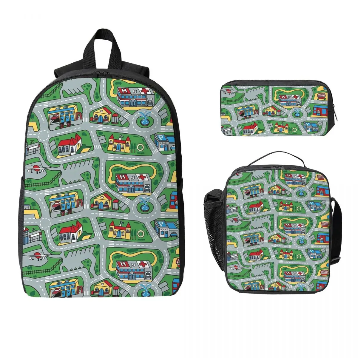 

Car City Carpet Road Rug 90s Nostalgic Toy Backpack Student Boys Girls BookBag School Bag 3ps Insulated Lunch Bag Pencil Case