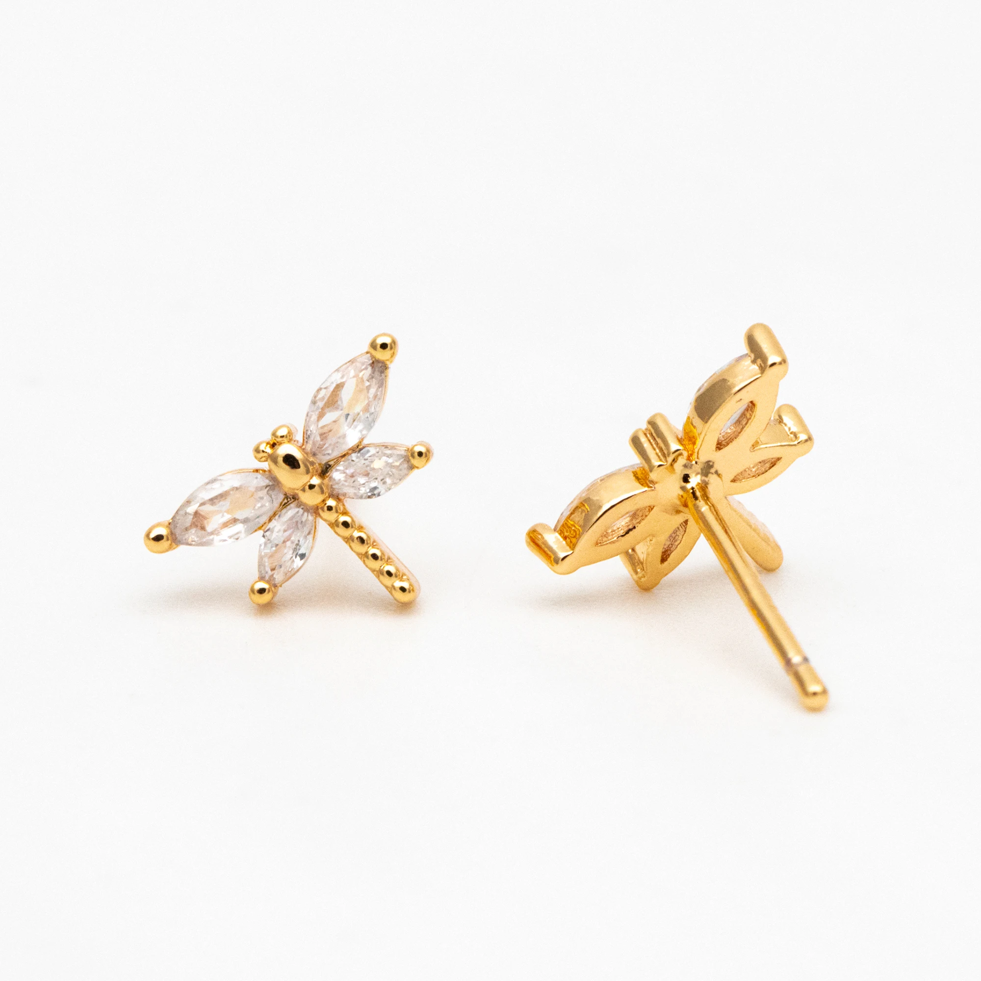 4pcs CZ Pave Gold Dragonfly Earring, Ear Studs For Jewelry Making Diy Accessories Findings Supplies (GB-4125)