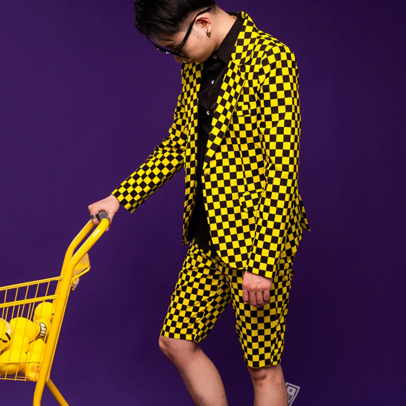 

Yellow Plaid Blazer Shorts Jazz Dance Clothing for Men Nightclub Bar Performance Clothes Male Hip Hop Costumes Streetwear XS2158