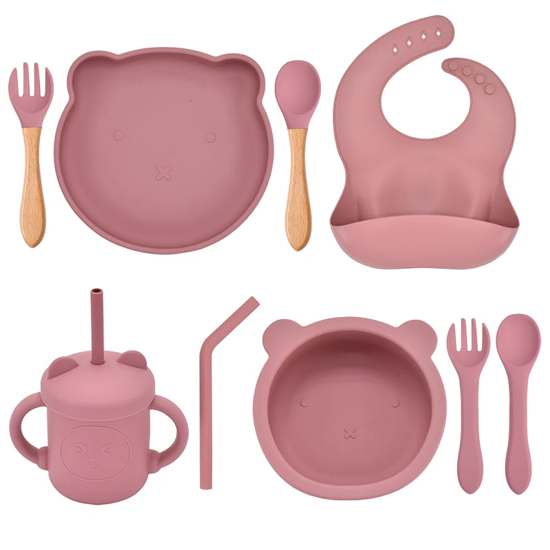 5/7/9 PCS Baby Feeding Tableware Set Baby Soft Silicone Bib Bib Sucker Bowl Plate Cup Spoon Fork Sets Non-slip Children's Dishes