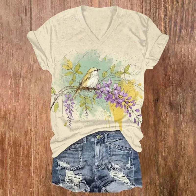 Fotografia 5: Camiseta vintage Morning Sun Chickadee View com estampa de manga curta e decote em V, camisetas femininas de verão