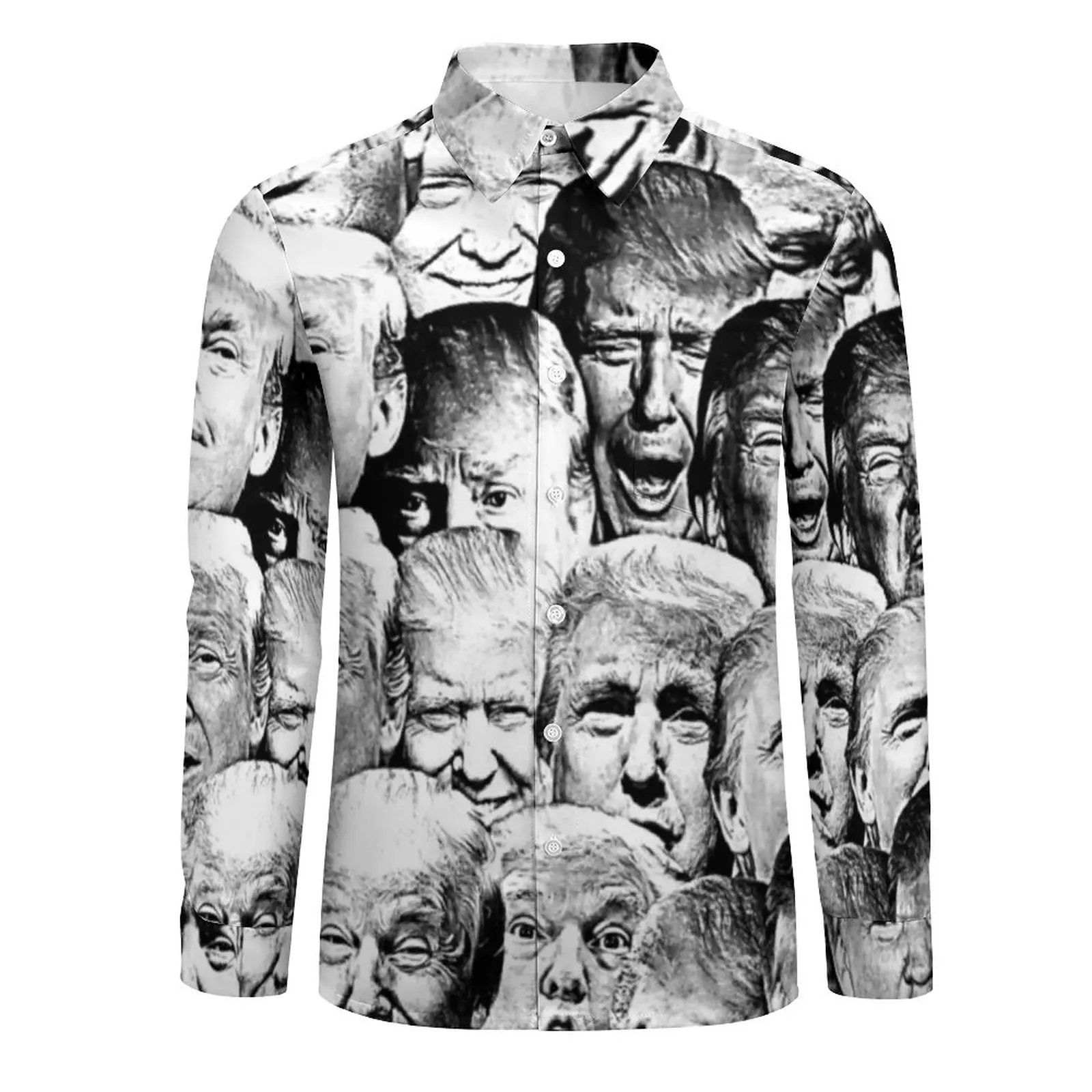 Funny Meme Print Shirt Spring Trump Collage Casual Shirts Men Fashion Blouses Long Sleeve Custom Aesthetic Clothing Big Size 4XL