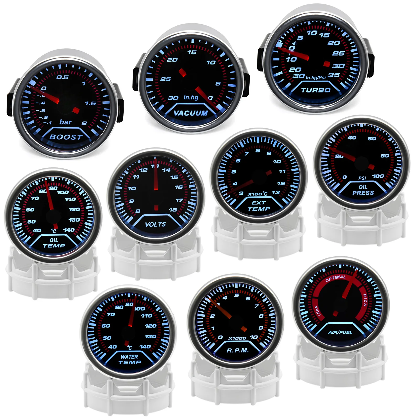 Car 12V Smoked 52mm Boost Turbo BAR PSI Exhaust Temp Water Temp Oil Temp Oil Press Air Fuel Ratio Voltmeter Tachometer Optional