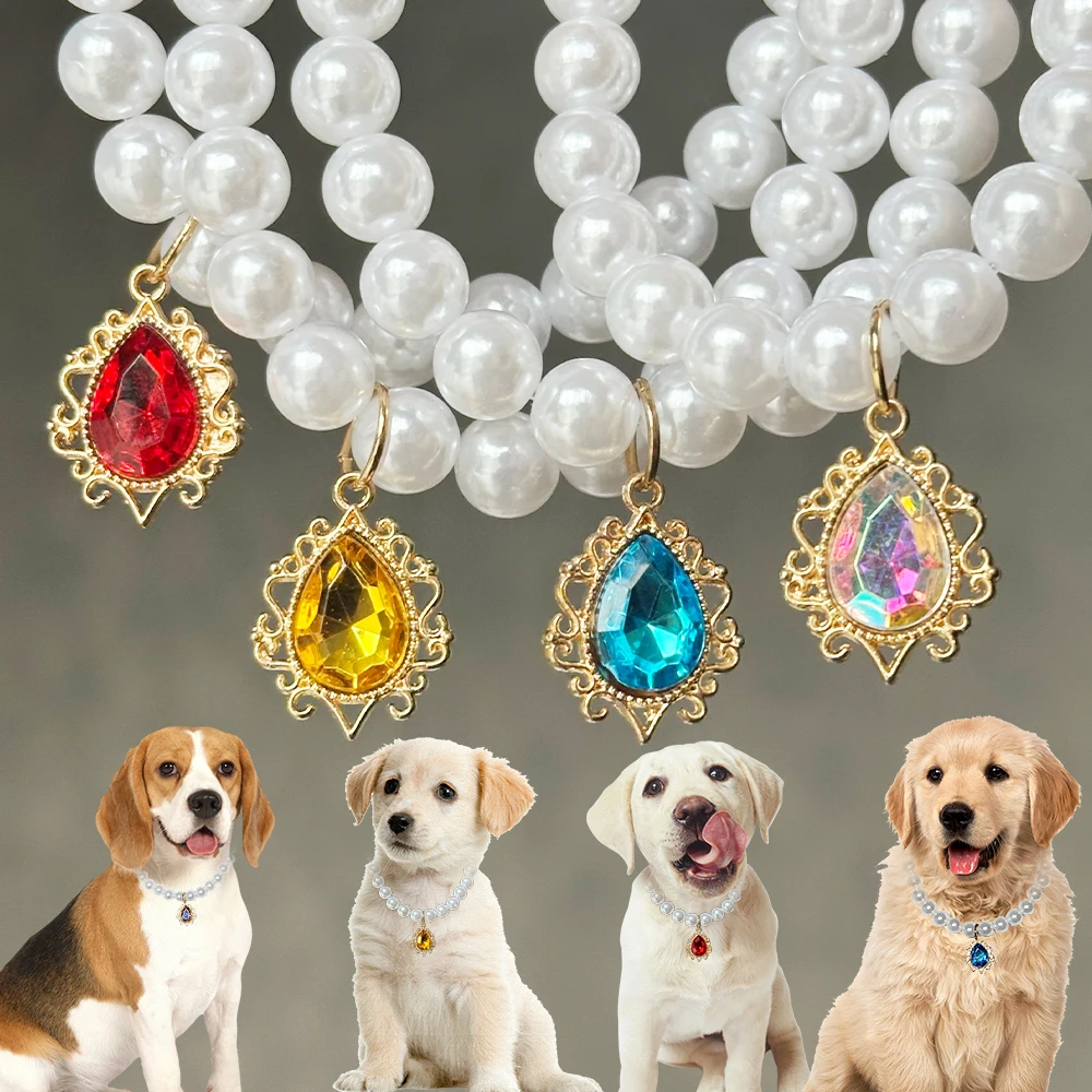 

New Dog Cat Collar Pearl Necklace with Gemstone Pendant Vintage Puppy Kitten Ornament Accessories Pets Supplies Plastic