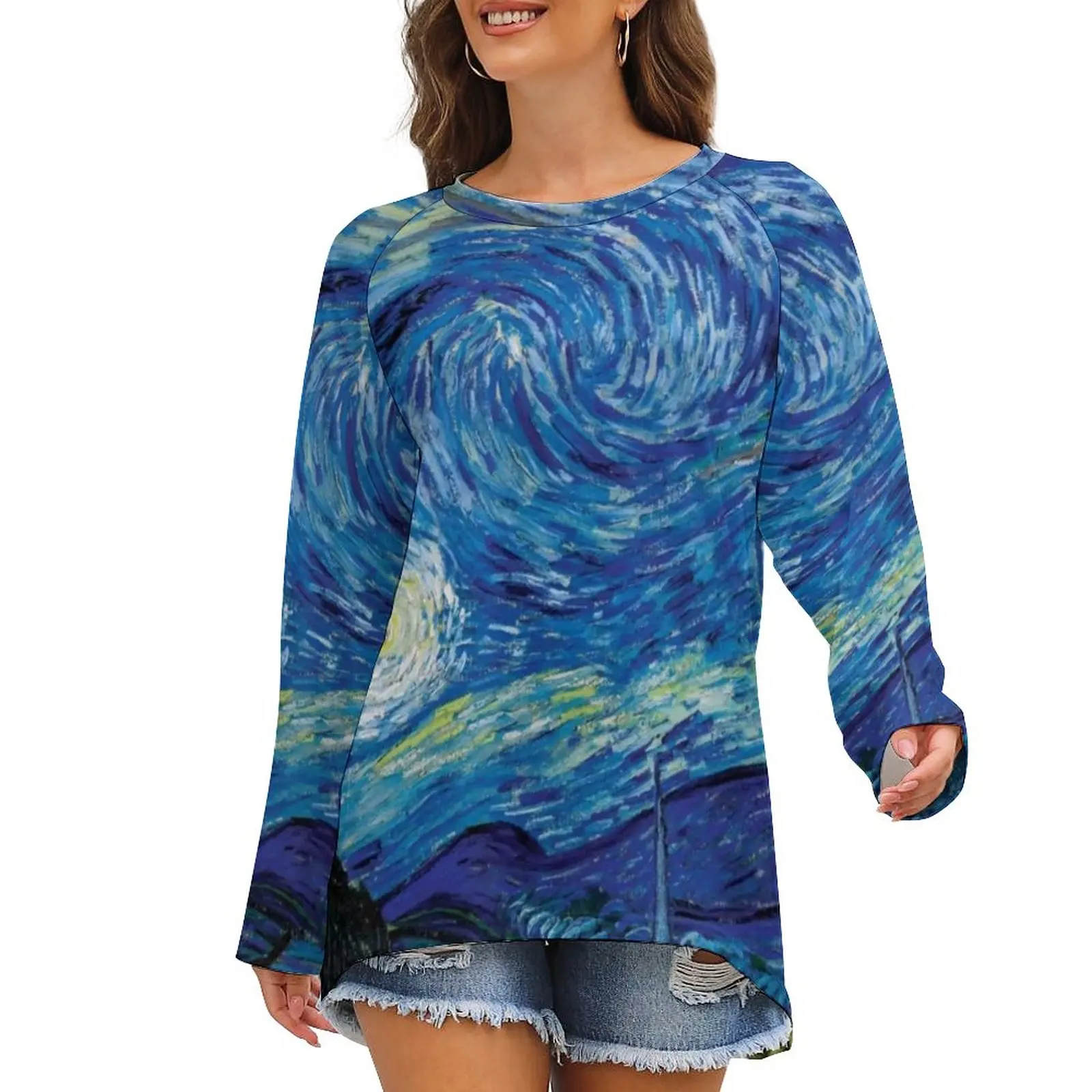 Abstract Sky T Shirts Van Gogh Starry Night Aesthetic T Shirt Womens Long Sleeve Korean Fashion Tops Oversize Printed Clothes