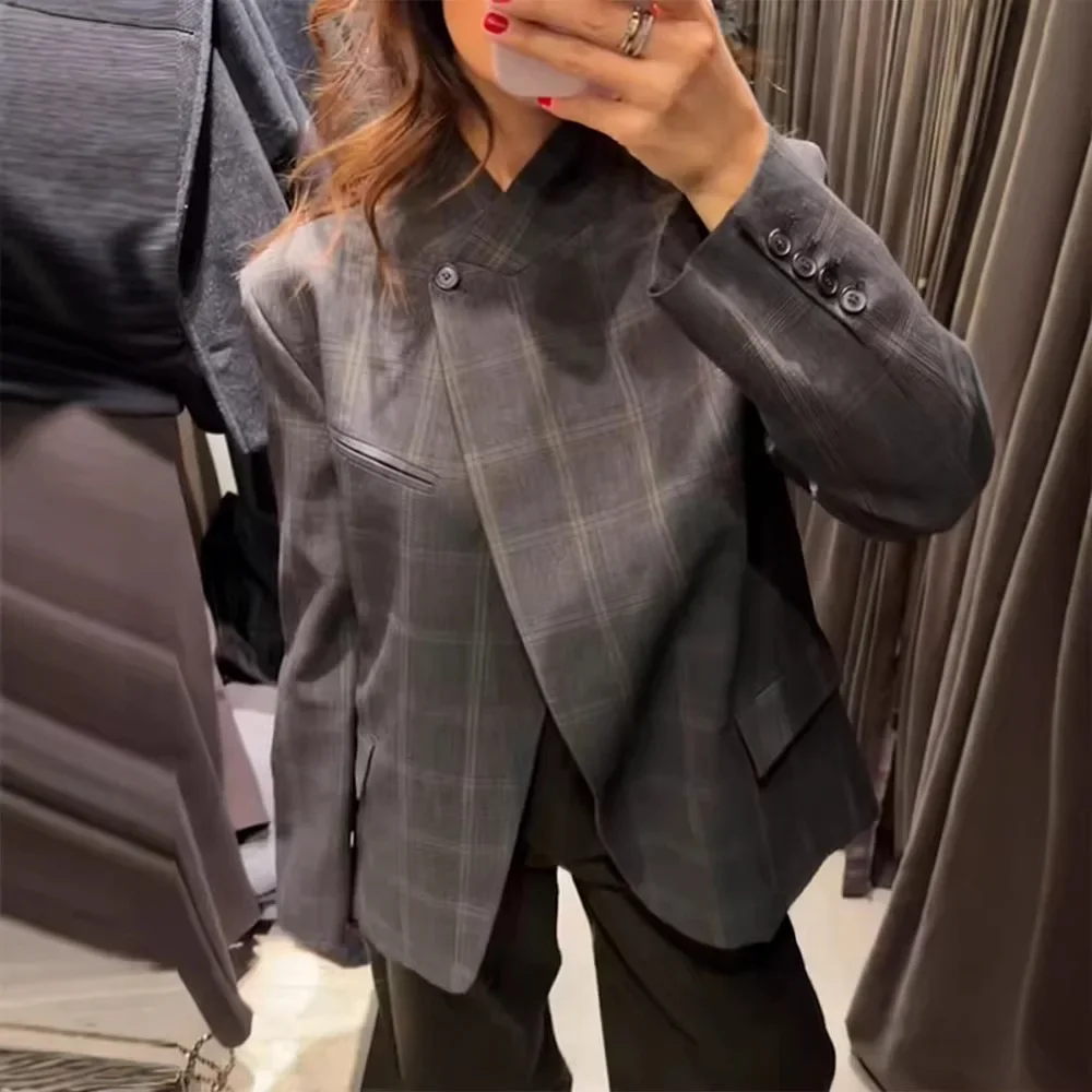 

2026 Spring New Loose Versatile Stand-up Collar Short Plaid Blazer