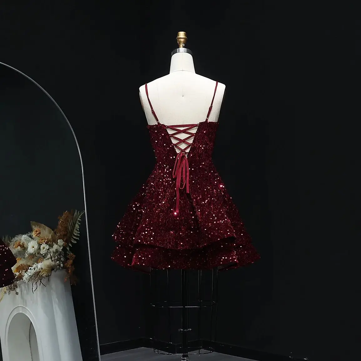 Sharon Said Elegant Wine Red Sequin Prom Dress with Lace-up Short 2025 Evening Party Gowns SH257 Customized