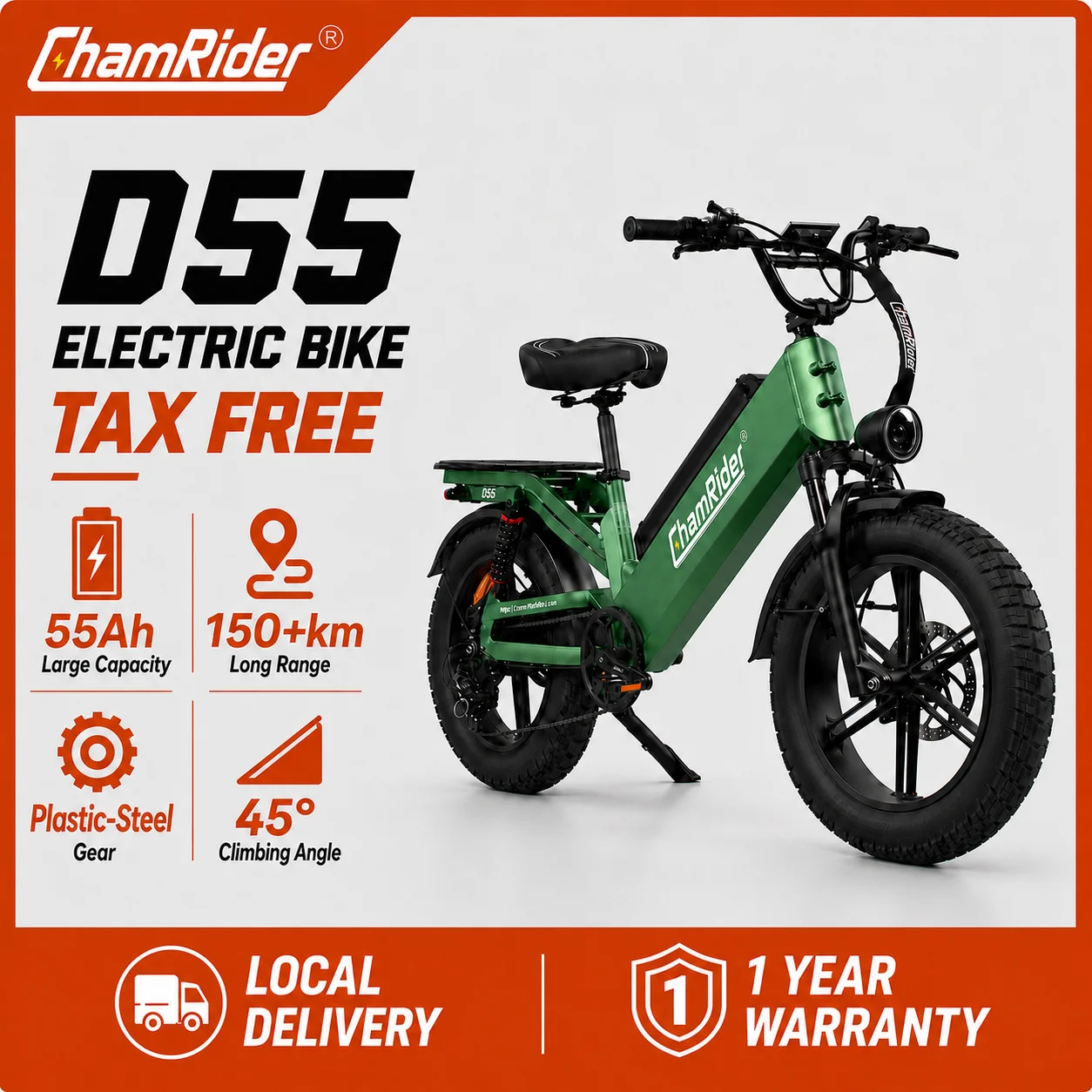 ChamRider D55 Vélo Électrique avec Batterie Monstre 48V55AH, Autonomie Époustouflante et Moteur Puissant 250W – Le Choix Idéal pour la Livraison en Europe