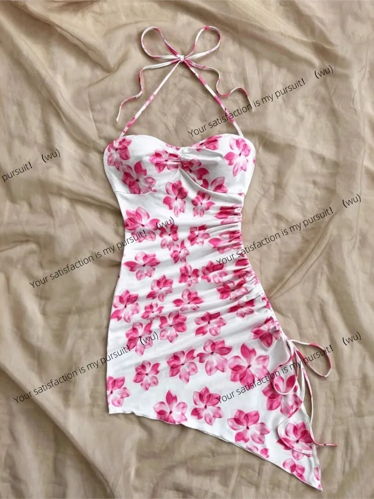 

Сексуальное мини-платье с принтом для отпуска, женское летнее модное элегантное вечернее платье без рукавов с лямкой на шее и шнурком, нерегулярные платья