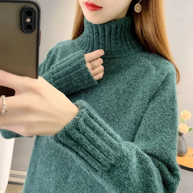 المرأة عالية الياقة Thiened المنك المخملية سترة فضفاضة Fce اصطف كسول Sle محبوك أعلى دافئ دافئ لون نقي تخفيف #4