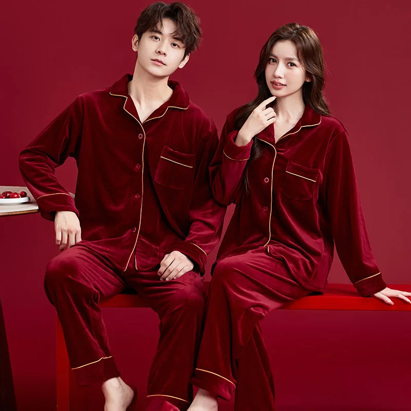 

Solid Color Sleepwear Velour Pajamas Couple Red Wedding Set Button-Down Shirt Pants Pyjamas Suit Pijama Women Men Loungewear