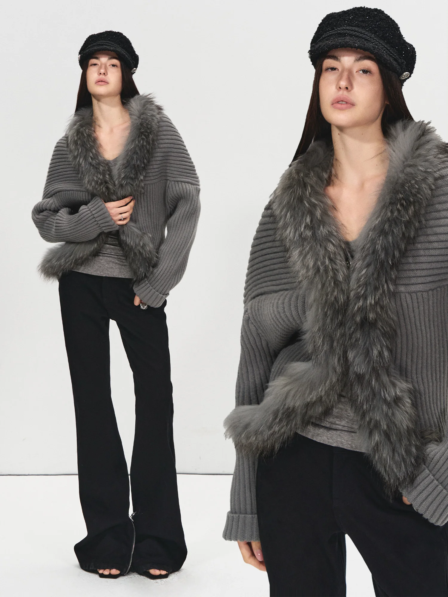 

PRRP Detachable Fur Collar Lazy Batwing Sve Waist Cinched Open Cardigan Sweater Jaet Ele Loose Fit Long Sve Winte...