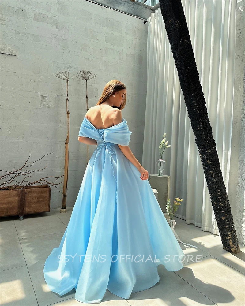 Elegant Blue A Line Evening Party Dresses Off Shoulder Dress Women Prom Gowns Lace Up Back Celebrity Bespoke Occasion Dresses