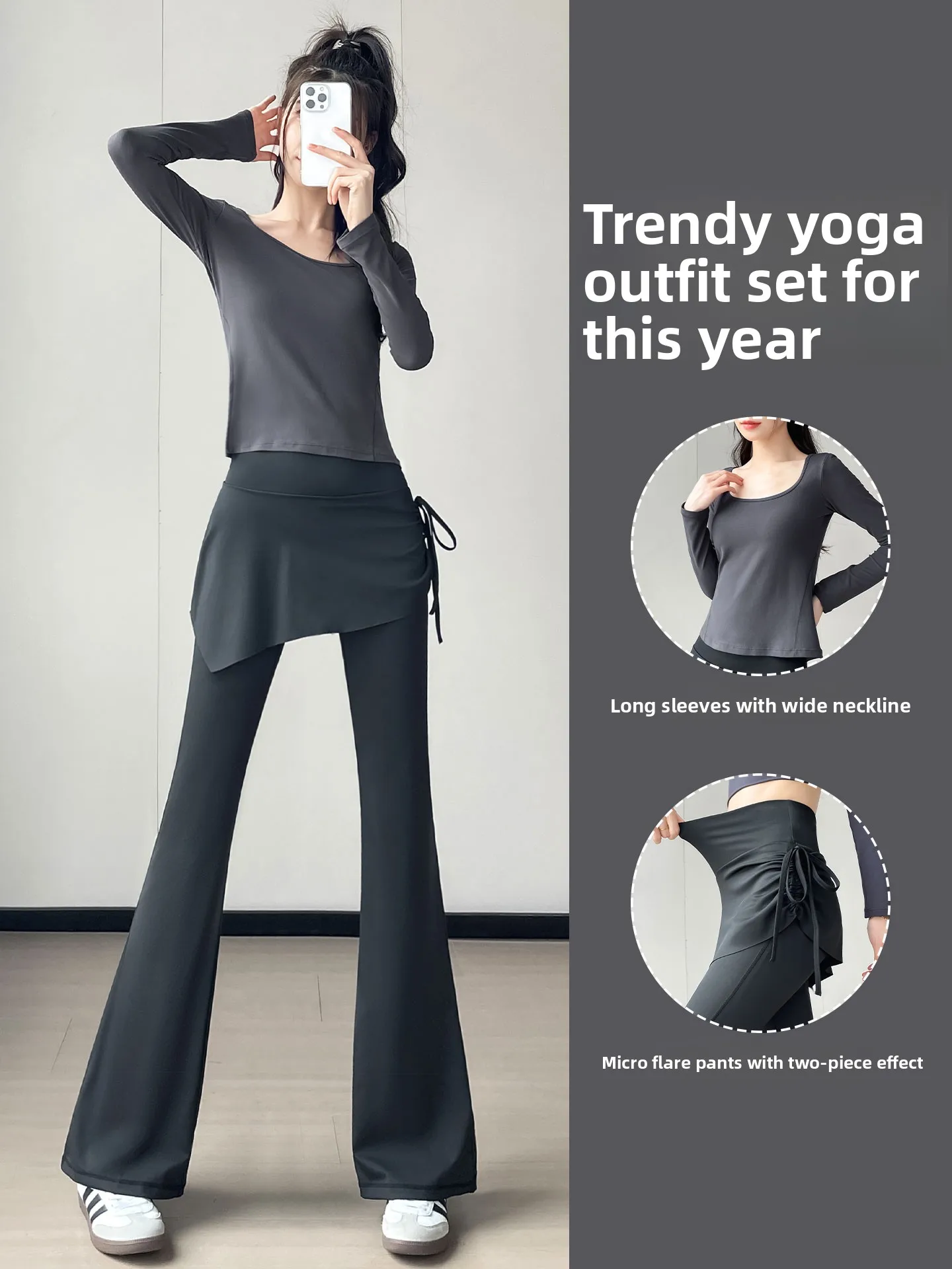 Conjunto Deportivo de Yoga para Mujer, Ropa de Entrenamiento de Pilates, Danza, Fitness, Camiseta de Manga Larga y Pantalones de Campana, Ropa Deportiva