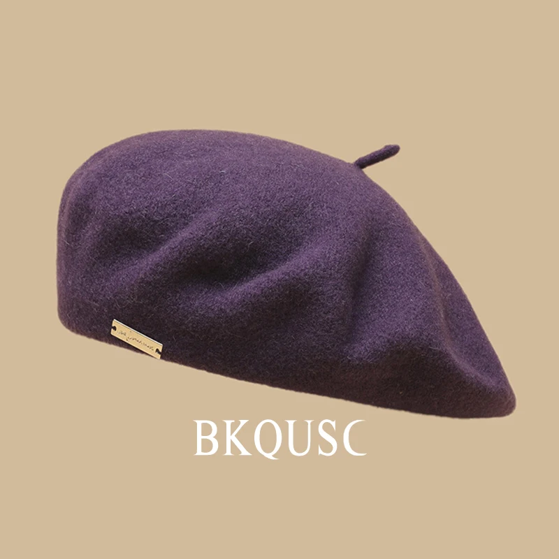 Women\'s Beret Purple Wool Hats 55-58cm Female Fashion Casual Wool Berets Winter Warm Solid Color French Artist Painter Hat