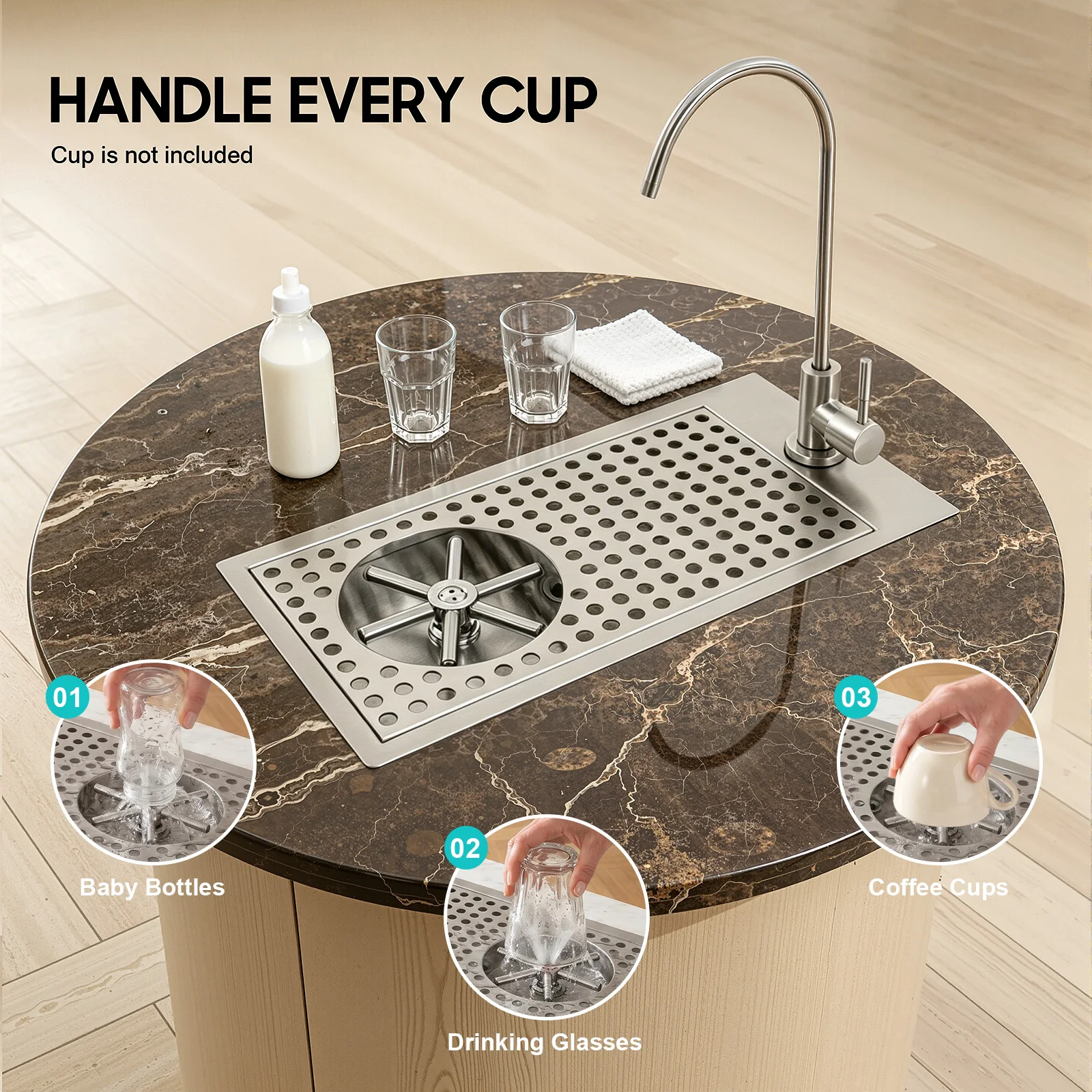 

Glass Cleaning Rinser with Faucet 304 Stainless Steel Wire Drawing Embedded Cup Washer High Pressure Quick Drain Glass Cleaner G1/2 Thread Interface for Bar Kitchen Home Drink Cup Cleaning Silver Modern Style Easy Installation