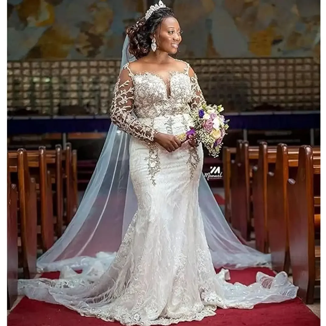 Customized Wedding Dresses Plus size Mermaid Sparkly Crystal Bridal Gown Lace Beaded Royal Train Long Sleeve Black Girl Vestidos