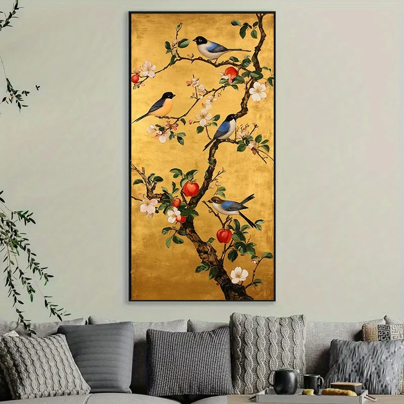 Large Japanese Flower Bird Paint Golden Background Canvas Print Blossoming Branches Accent Bird Wall Art Poster for Home Decor
