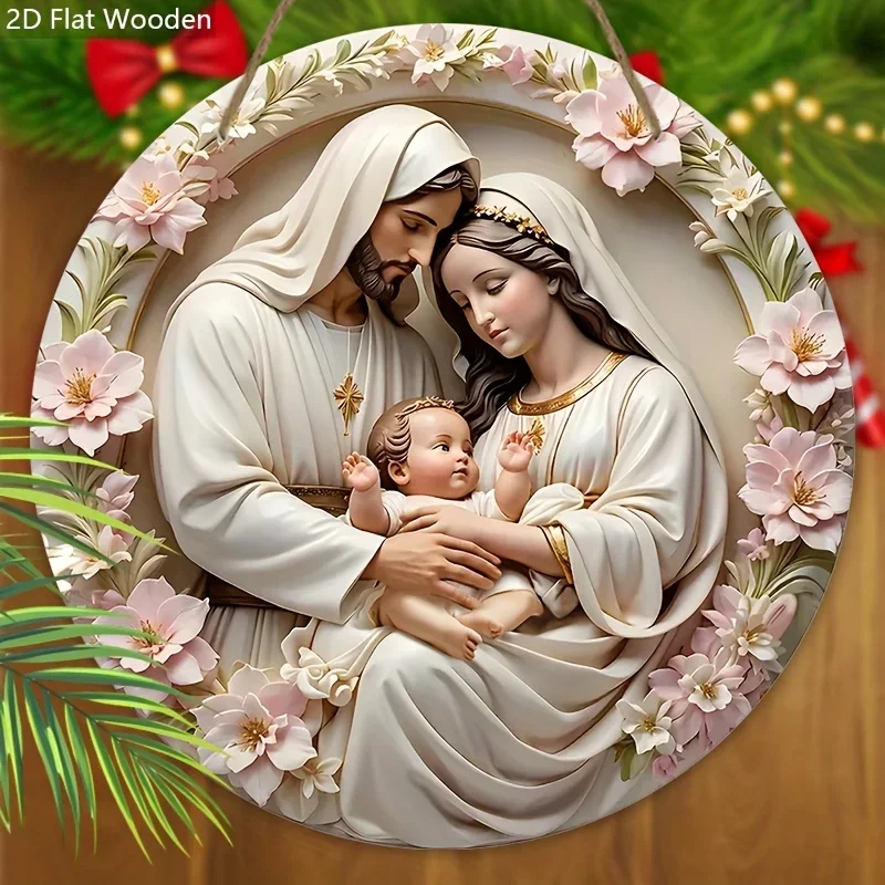 2D flach, 2D flache Krippe rosa Holzschild – 1 Stück rosa Blumenkranz Jesus rundes Schild für Haustür Wandbehang Dekor Ide