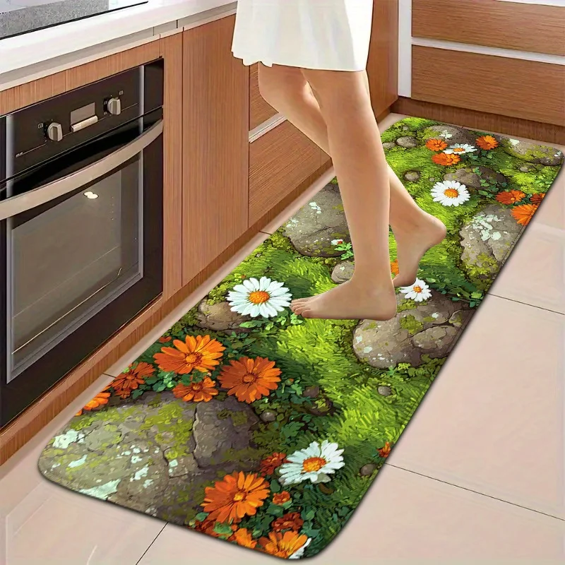 Fresh Moss Stone Wild Daisy Runner Mat Anti Slip Water Absorbent Rug Country Floral Decor Carpet for Bathroom Kitchen Entrance