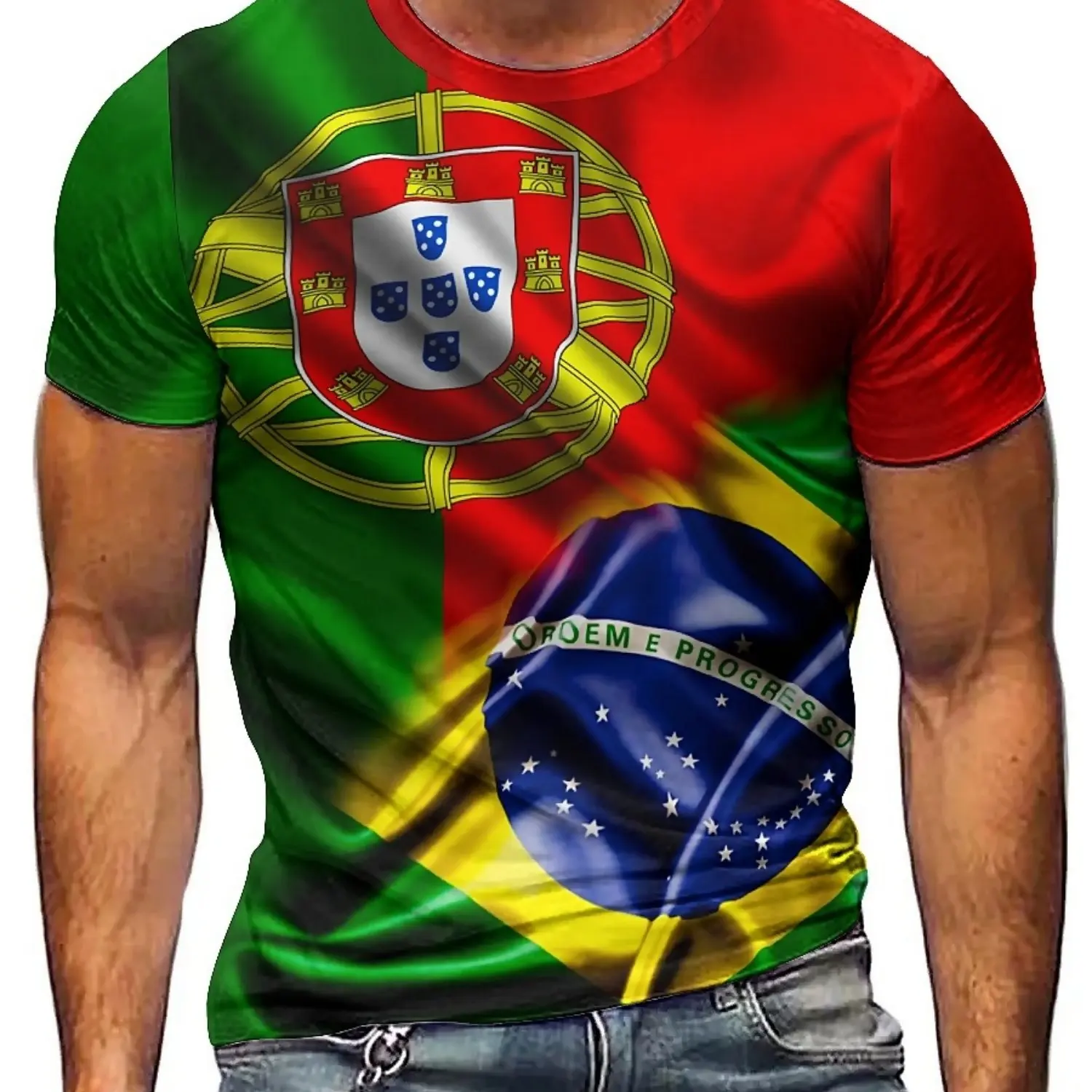 メンズ＆レディース ブラジル国旗カラーTシャツ - ポルトガル＆ブラジル国旗デザイン入り滑らかポリエステル生地Tシャツ
