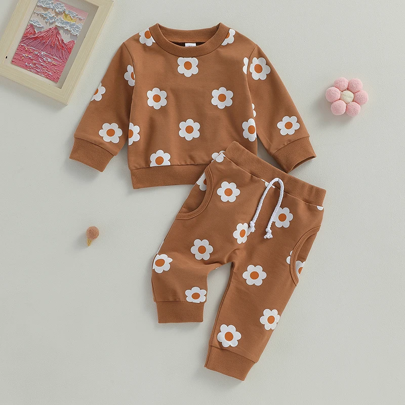 Toddler Baby Girl Spring Fall Round Neck Flower Print Long Sleeve Outfit Clothing Pullover Sweatshirt Pants Elastic Pockets Set