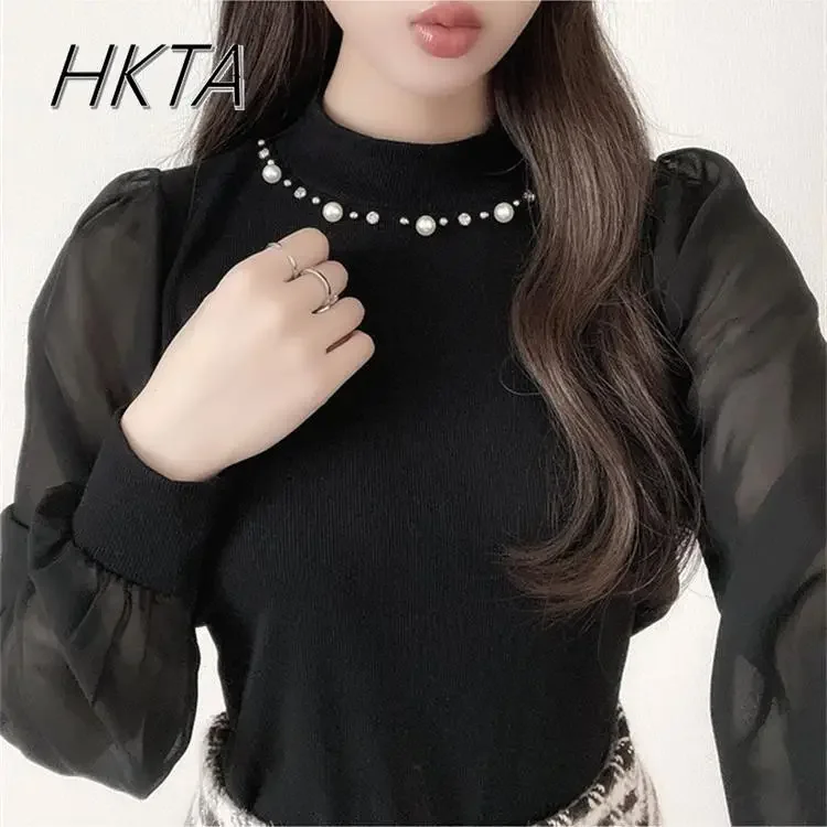 半透明の袖が付いた伸縮性のあるニットセーター,スタンドカラー,黒のボトムシャツ,スリムトップ,エレガントなビーズ,日本,秋