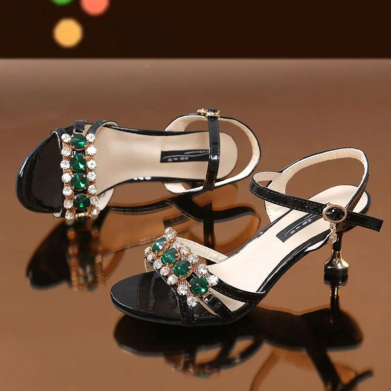 Rhinestones Elegant Medium Heel Women\'s Shoes 2022 Sexy Female Dress Summer Sandals Luxury for Ladies Wedge Shoes black gold