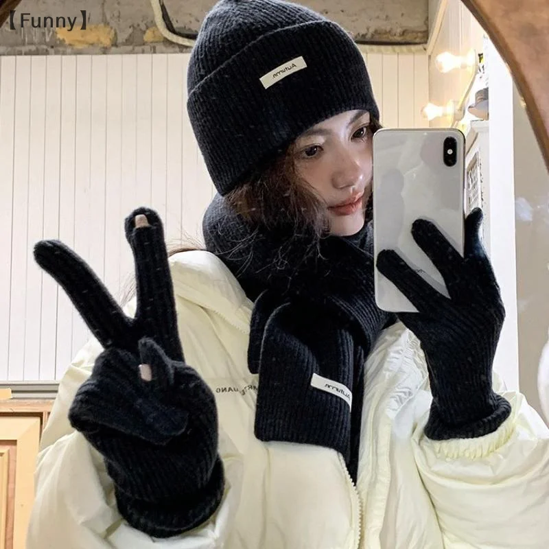 [مضحك] وشاح شتوي محبوك امرأة بلون قبعة وشاح قفازات يندبروف الكبار ثلاث قطع مجموعة أزياء المرأة وشاح طقم قبعات