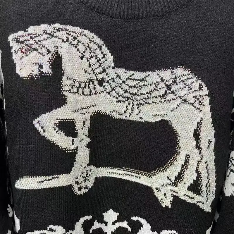 Rhinestone Horse Print Spring and Autumn Women\'s Knitted Ralph Sweater Y2K Vintage Men\'s Knitted Laure Pullover Sweater Jacket