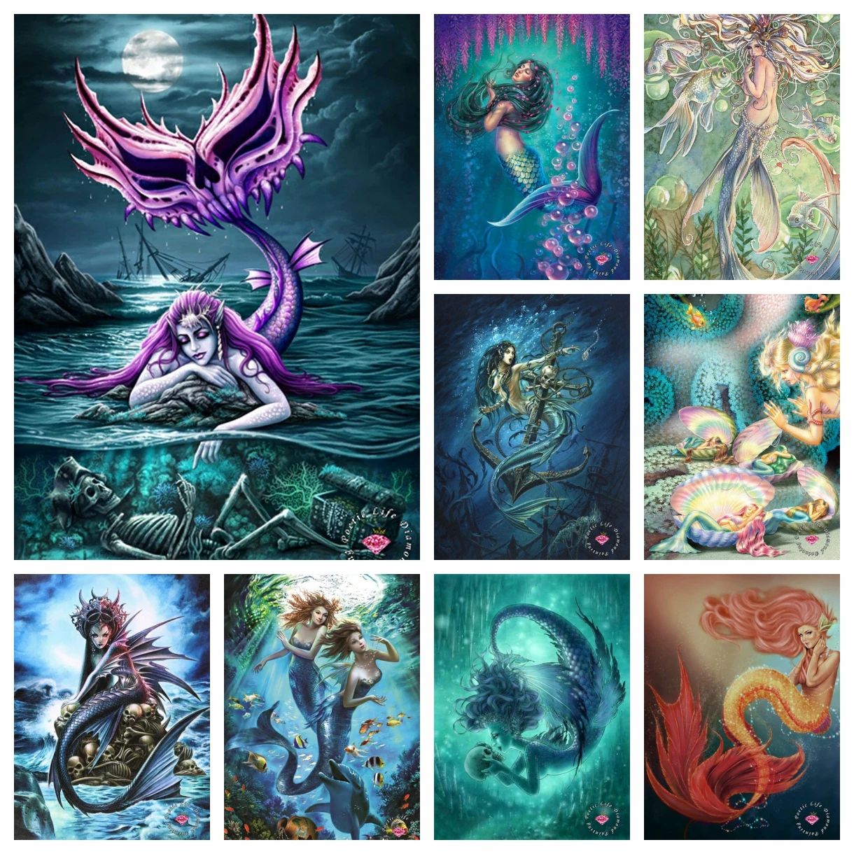 

Gothic Dark Fantasy Wisteria Mermaid 5D DIY Diamond Painting Death Tide Bedroom Cross Stitch Kit Picture Mosaic Home Decor Gift