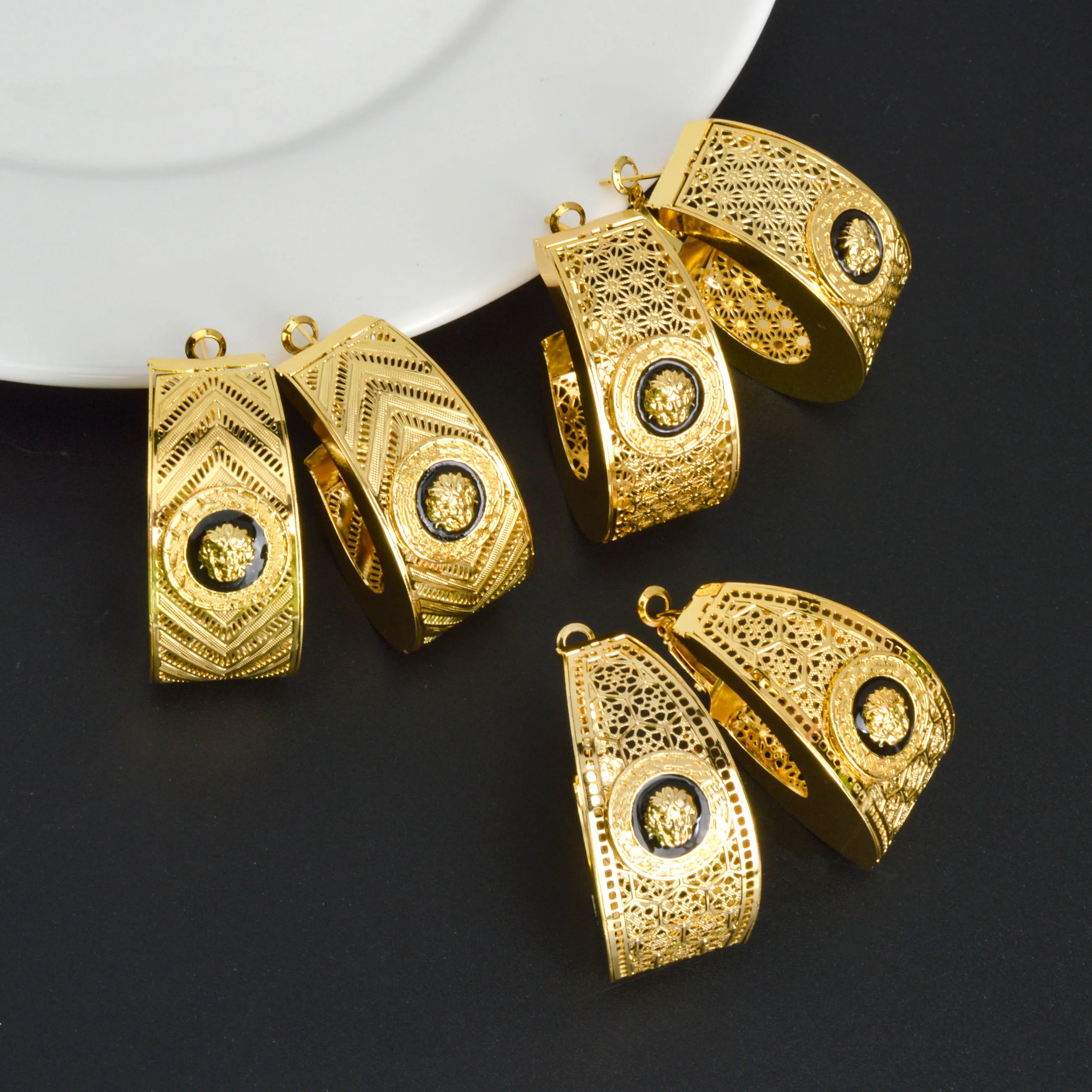 Nigeria Africa 18K Gold Color Hollow Earring Black Enamel Earring Italian Dubai Luxury Big Golden Geometry Wedding Women Jewelry