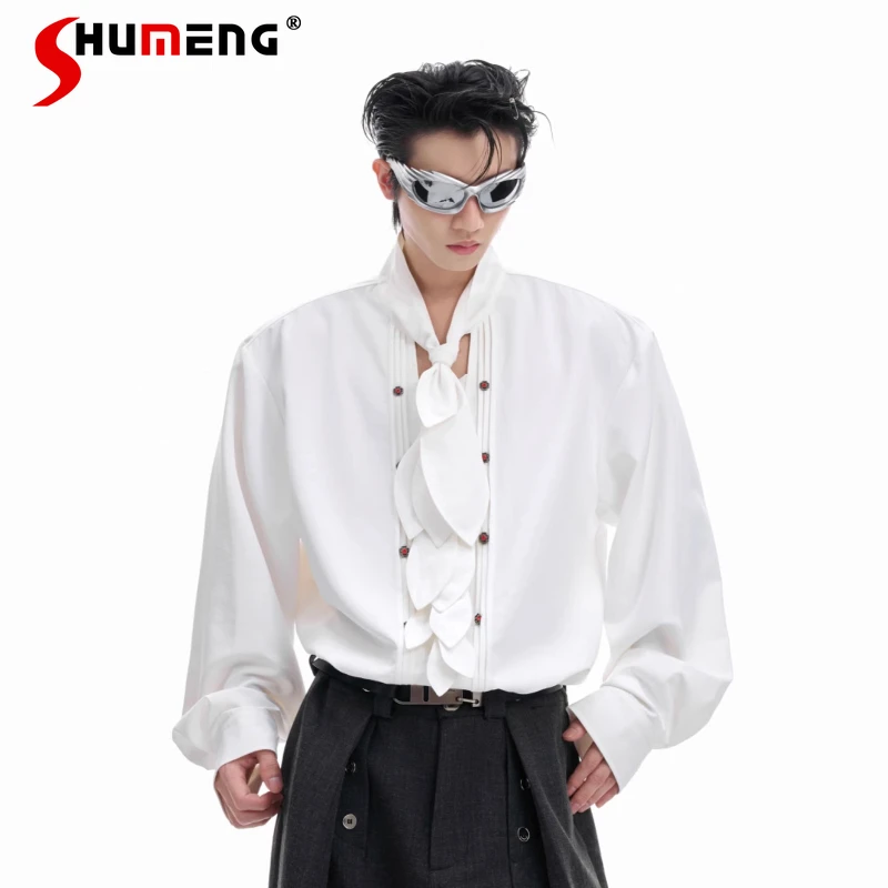 

Men's 2025 Autumn New Scarves Neckline Design Shirts Fashion High-end Loose Ice Silk Tops Men's Long-sleeve Solid Color Shirts