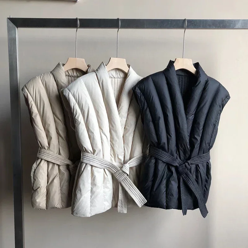 

Autumn Winter White Duck Down V Neck Sleeveless Vest Female Warm Lace Up Quilted Waistcoat Coat Knitted Splicing Down Vest Women