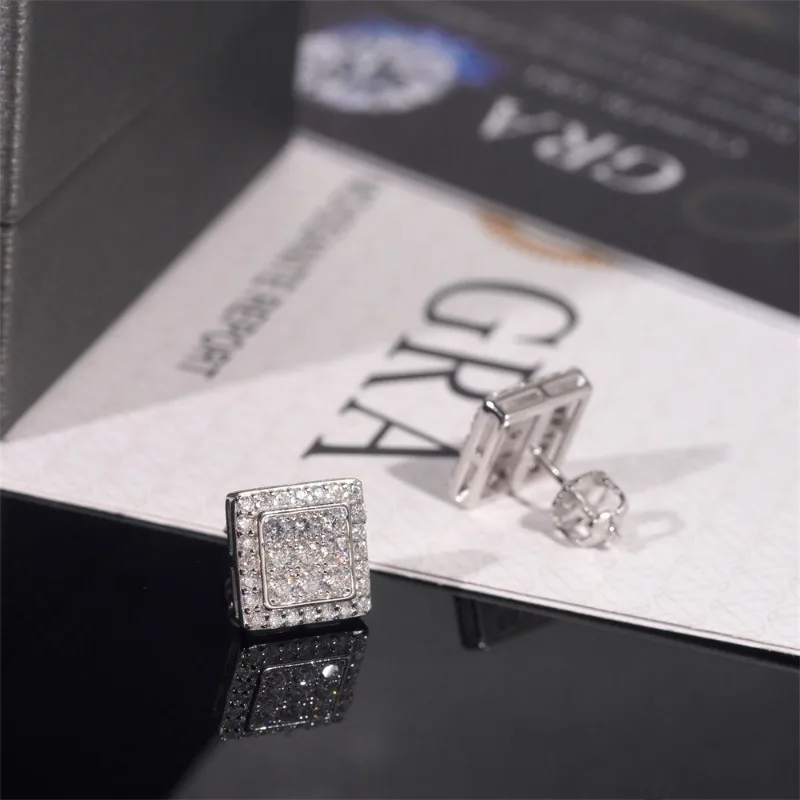 925 Silver 10.2mm D Color Moissanite Square Stud Earrings Screwback Women Men Hiphop Iced Diamond Princess Earrings Pass Tester
